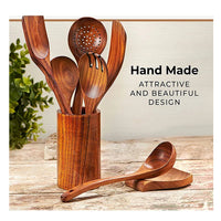 HKM-374611 Wooden Cooking Utensils Set - 6 Pieces Natural Kitchen Tools with Holder