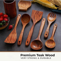 HKM-374611 Wooden Cooking Utensils Set - 6 Pieces Natural Kitchen Tools with Holder