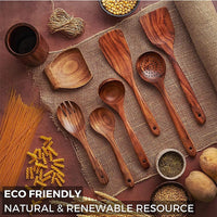 HKM-374611 Wooden Cooking Utensils Set - 6 Pieces Natural Kitchen Tools with Holder