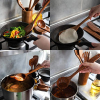 HKM-374611 Wooden Cooking Utensils Set - 6 Pieces Natural Kitchen Tools with Holder