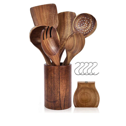 HKM-374611 Wooden Cooking Utensils Set - 6 Pieces Natural Kitchen Tools with Holder