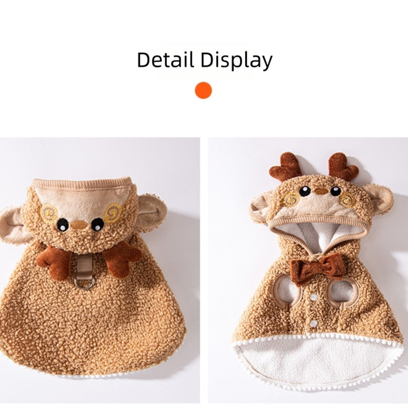 HKM-3746877 Reindeer Cape for Dogs and Cats - Warm Thickened Christmas Outfit with Hat and D-Ring for Easy Leash Attachment