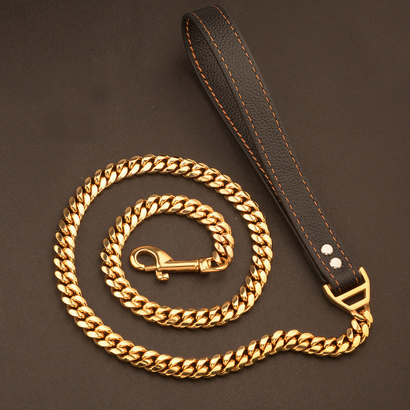 HKM-374739 Stainless Steel Dog Leash with Leather Collar for Small and Large Dogs - 14mm Width