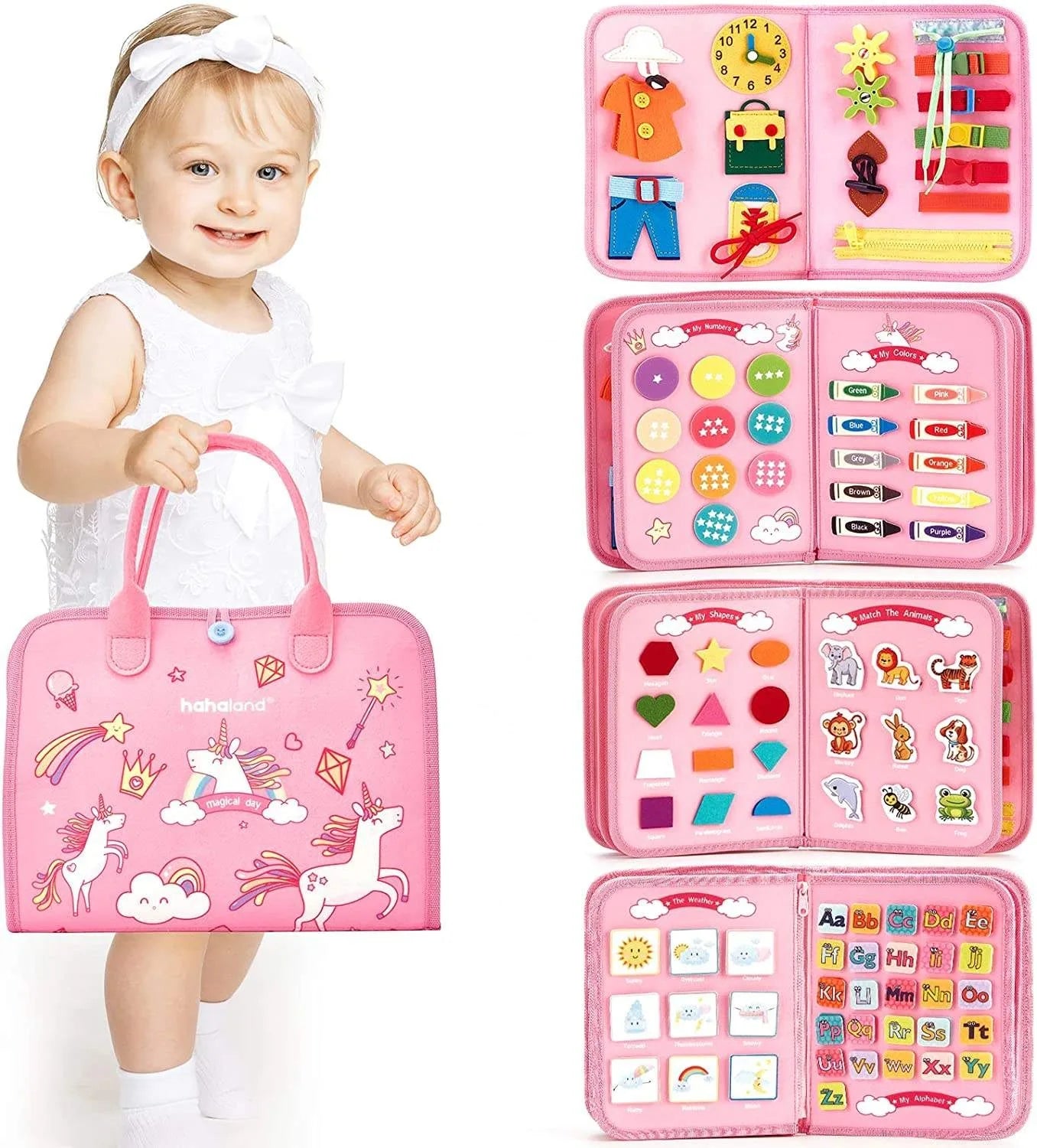 HKM-374867 Pink Unicorn Montessori Busy Board for Toddlers - Educational Silicone Sensory Toy