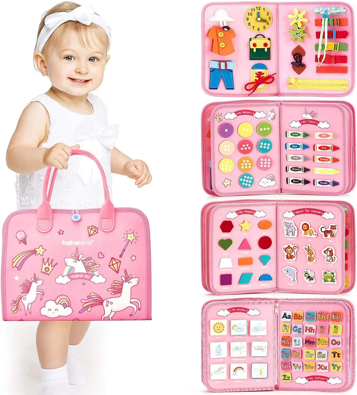 HKM-374867 Pink Unicorn Montessori Busy Board for Toddlers - Educational Silicone Sensory Toy