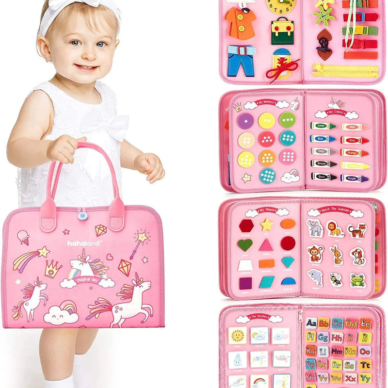HKM-374867 Pink Unicorn Montessori Busy Board for Toddlers - Educational Silicone Sensory Toy
