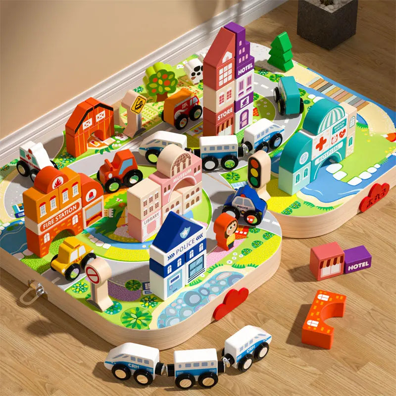 HKM-375187 Custom Wooden Educational Building Blocks for Kids - Urban Track Shape Intelligence Blocks