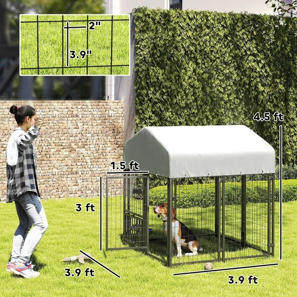 HKM-3755709 Spacious Welded Wire Dog Kennel with Adjustable Bowl Station and Waterproof Cover