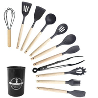 HKM-375763 Eco-Friendly Silicone Utensils Set with Wooden Handles - 12-Piece Kitchen Cookware