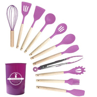 HKM-375763 Eco-Friendly Silicone Utensils Set with Wooden Handles - 12-Piece Kitchen Cookware