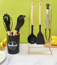 HKM-375763 Eco-Friendly Silicone Utensils Set with Wooden Handles - 12-Piece Kitchen Cookware