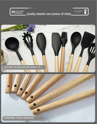 HKM-375763 Eco-Friendly Silicone Utensils Set with Wooden Handles - 12-Piece Kitchen Cookware