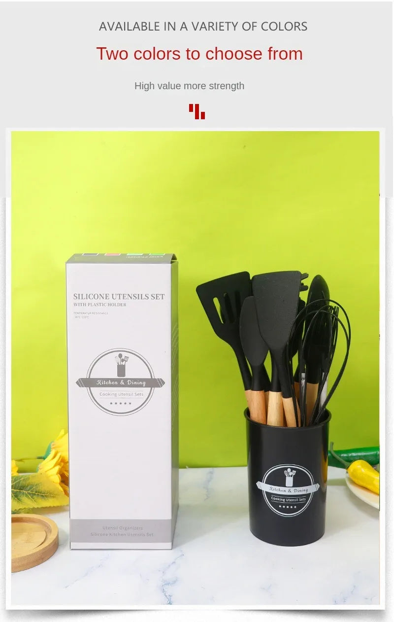 HKM-375763 Eco-Friendly Silicone Utensils Set with Wooden Handles - 12-Piece Kitchen Cookware