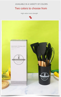HKM-375763 Eco-Friendly Silicone Utensils Set with Wooden Handles - 12-Piece Kitchen Cookware