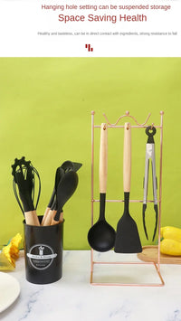 HKM-375763 Eco-Friendly Silicone Utensils Set with Wooden Handles - 12-Piece Kitchen Cookware