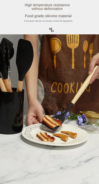 HKM-375763 Eco-Friendly Silicone Utensils Set with Wooden Handles - 12-Piece Kitchen Cookware