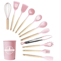 HKM-375763 Eco-Friendly Silicone Utensils Set with Wooden Handles - 12-Piece Kitchen Cookware