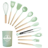 HKM-375763 Eco-Friendly Silicone Utensils Set with Wooden Handles - 12-Piece Kitchen Cookware