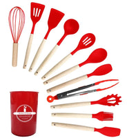 HKM-375763 Eco-Friendly Silicone Utensils Set with Wooden Handles - 12-Piece Kitchen Cookware
