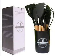 HKM-375763 Eco-Friendly Silicone Utensils Set with Wooden Handles - 12-Piece Kitchen Cookware
