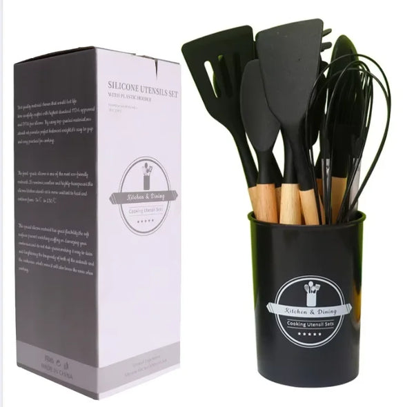HKM-375763 Eco-Friendly Silicone Utensils Set with Wooden Handles - 12-Piece Kitchen Cookware
