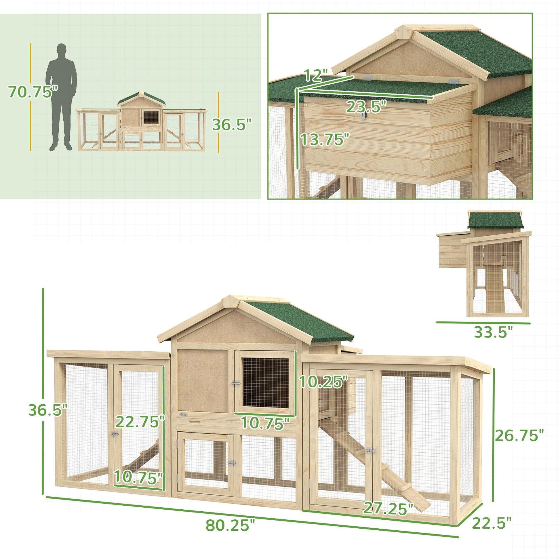 HKM-3761469 Spacious Wooden Chicken Coop with Nesting Box, Double Runs, and Removable Tray for Backyard Use
