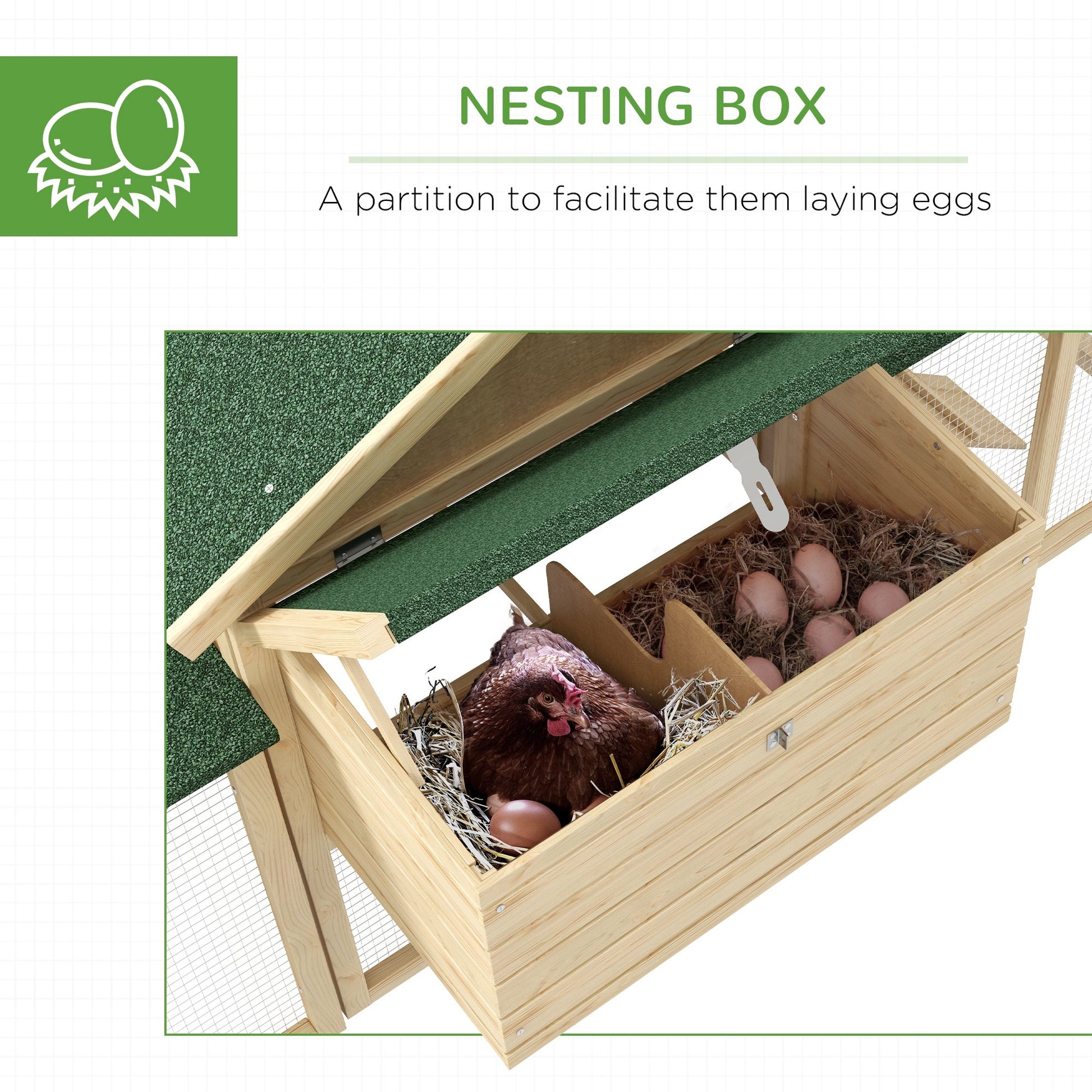 HKM-3761469 Spacious Wooden Chicken Coop with Nesting Box, Double Runs, and Removable Tray for Backyard Use