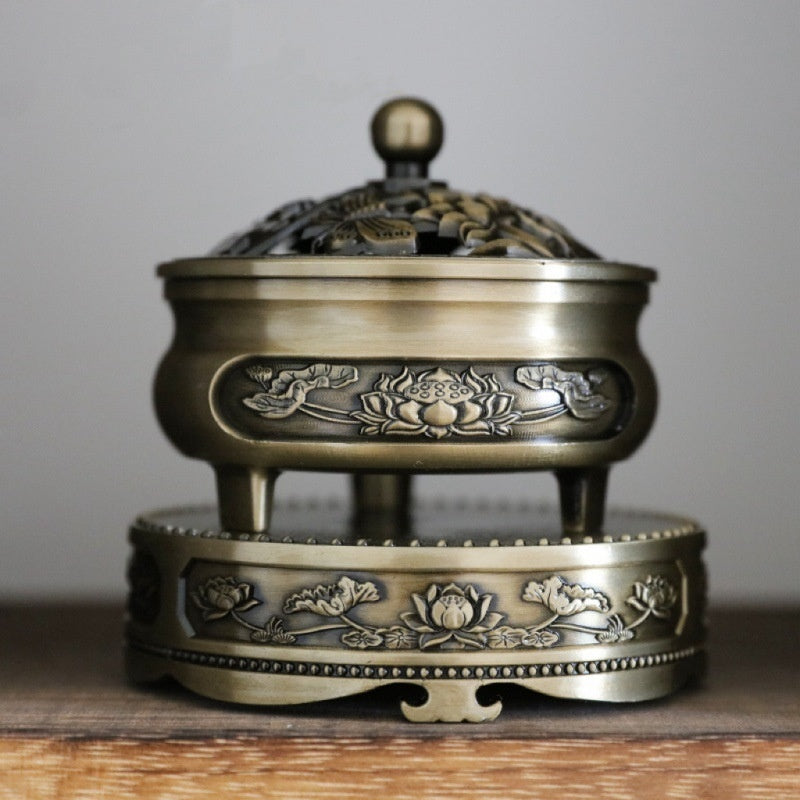 HKM-376211 Antique Bronze Dragon Phoenix Lotus Tripod Incense Burner Set