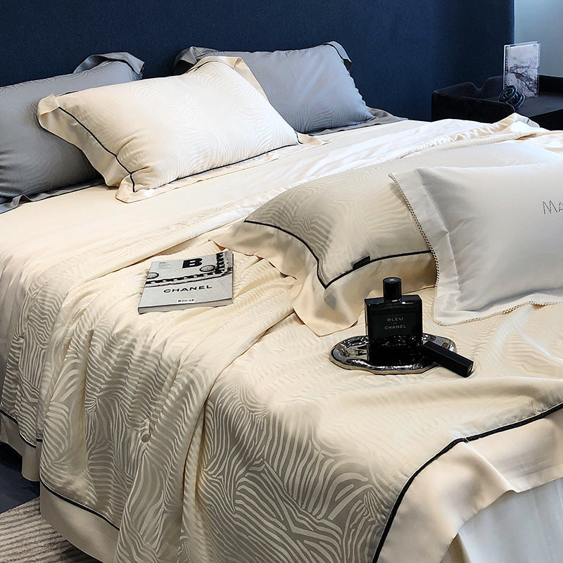 HKM-376211 Tencel Light Luxury Jacquard Summer Quilt Four-Piece Set - Soft Lyocell Fiber, Antibacterial Fill, Multiple Sizes Available