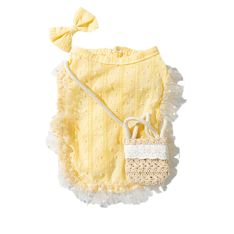 HKM-3762365 Two-Tone Ruffled Dog and Cat Outfit with Bow and Crossbody Bag for Small Pets