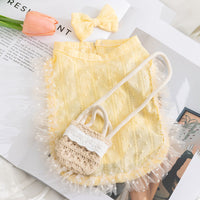 HKM-3762365 Two-Tone Ruffled Dog and Cat Outfit with Bow and Crossbody Bag for Small Pets