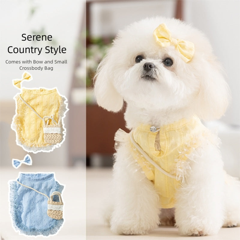 HKM-3762365 Two-Tone Ruffled Dog and Cat Outfit with Bow and Crossbody Bag for Small Pets