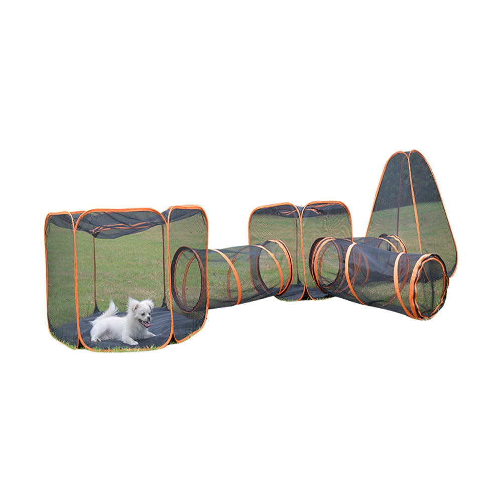 HKM-3762877 Pet Folding Game Channel Fence - 6 Piece Set with Durable Mesh Fabric, Dimensions 41x90x3 Channels and 120x70 Squares