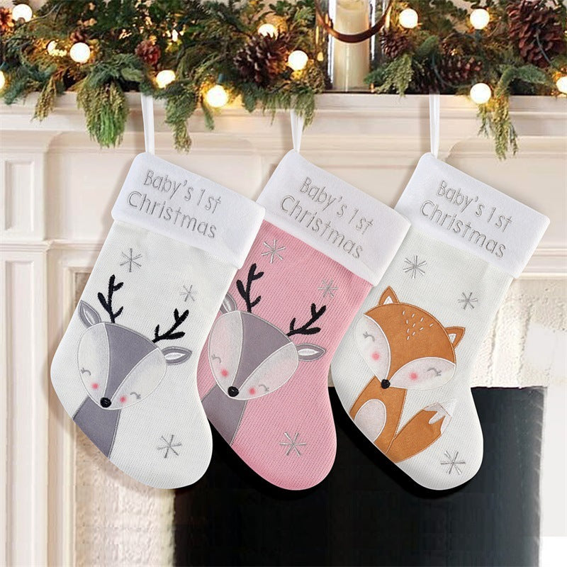 HKM-376659 Christmas Fox Wool Gift Stockings - White, Red & Golden Variants, Cozy Cloth Material