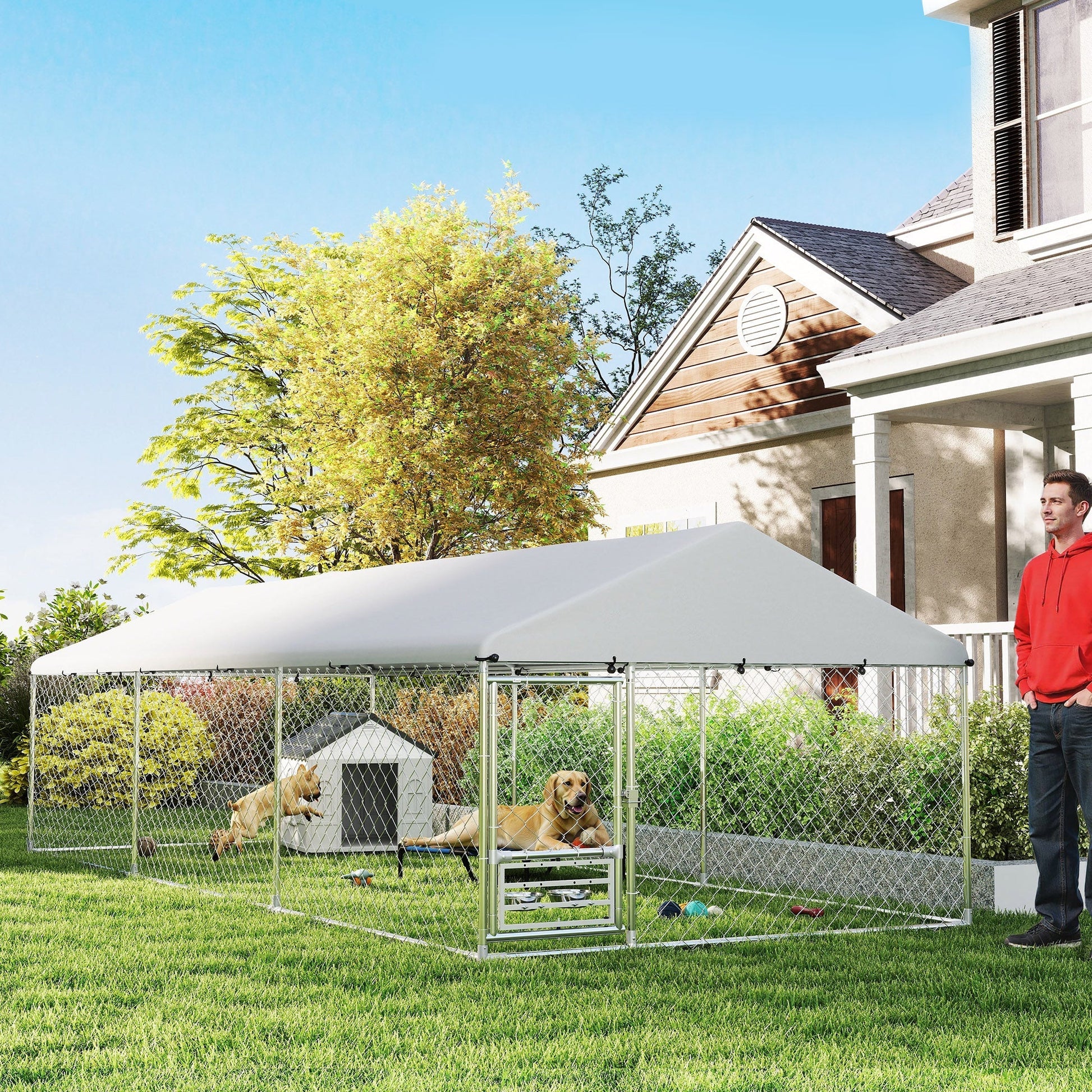 HKM-3767229 Spacious Outdoor Dog Kennel with Waterproof Cover & Adjustable Bowl Rack, 19.7' x 7.5' x 5.2'