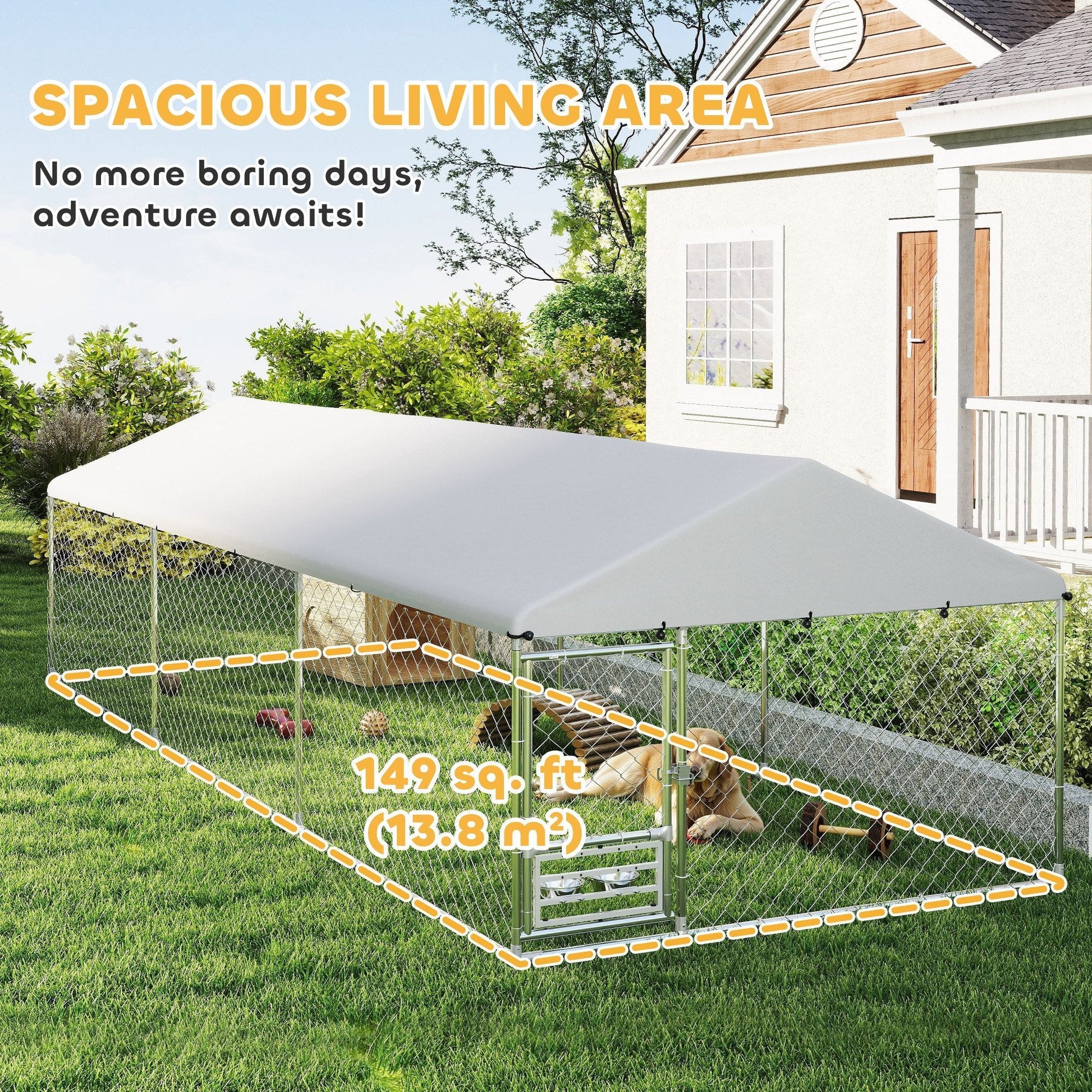 HKM-3767229 Spacious Outdoor Dog Kennel with Waterproof Cover & Adjustable Bowl Rack, 19.7' x 7.5' x 5.2'