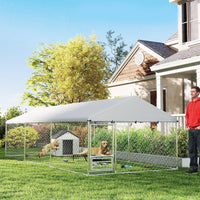 HKM-3767229 Spacious Outdoor Dog Kennel with Waterproof Cover & Adjustable Bowl Rack, 19.7' x 7.5' x 5.2'