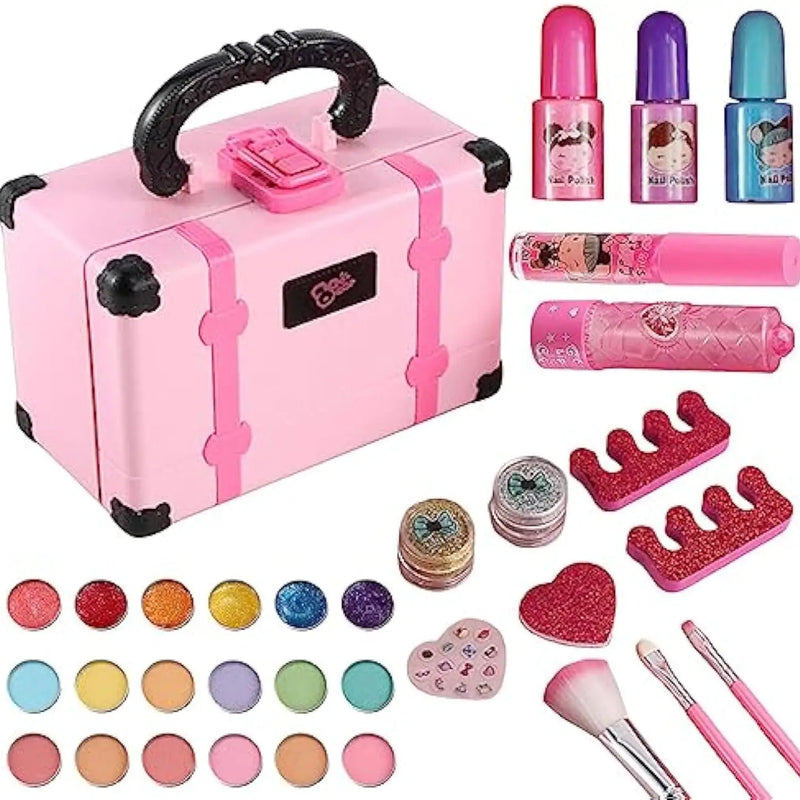 HKM-376723 Portable Makeup Kit for Kids with Real Cosmetics, Storage Case, Nail Art and Lipstick