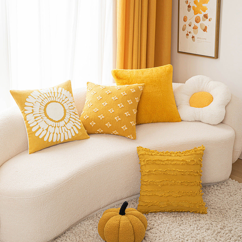 HKM-377427 Yellow Geometric & Floral Pattern Pillow Covers - 4 Pack, 45x45cm Cotton & Linen