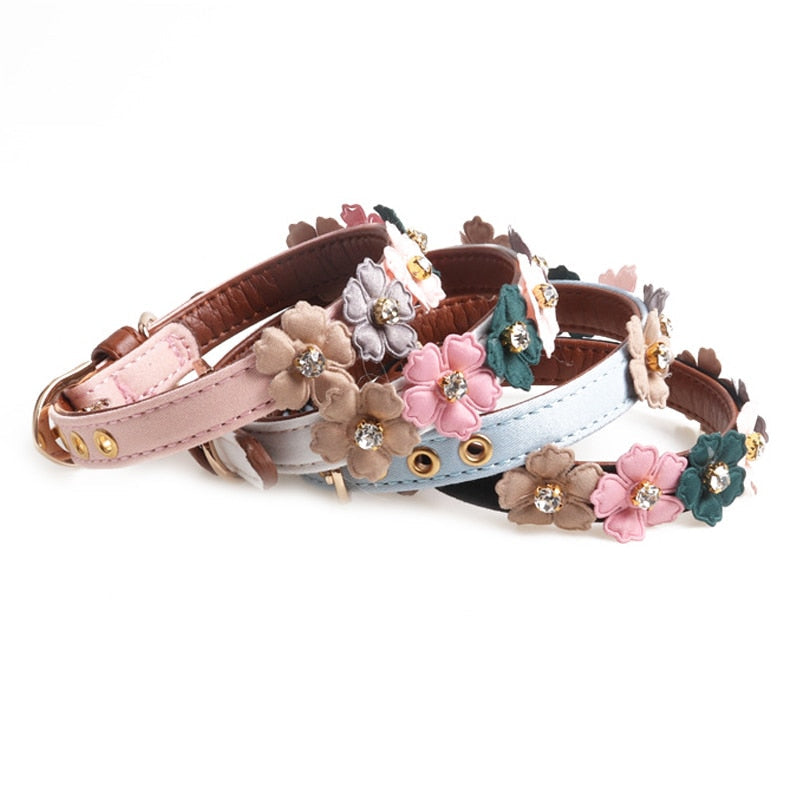 HKM-3781053 Stylish Pet Dog Flower Collar with Rhinestones in Blue, Black, White, or Pink
