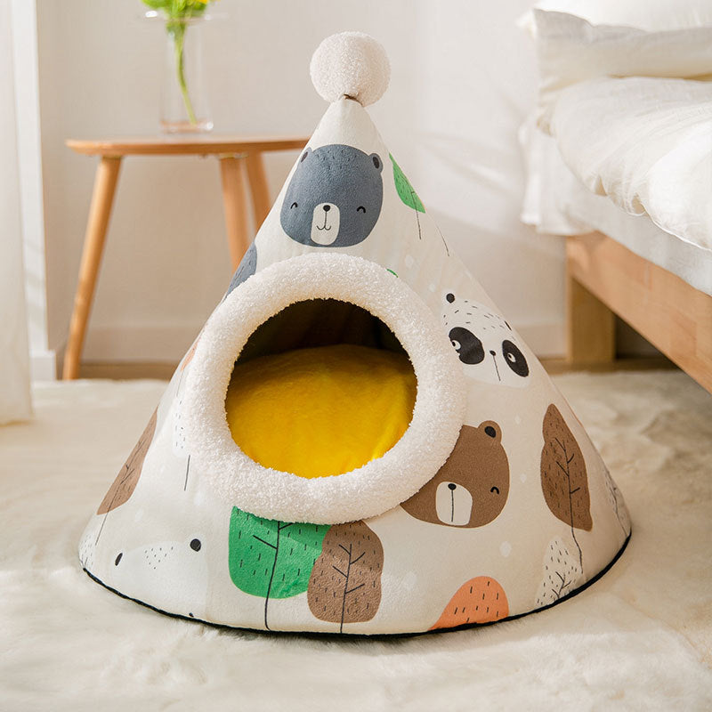 HKM-3781309 Enclosed Triangle Cat Nest - Soft Plush Bed for Indoor Cats