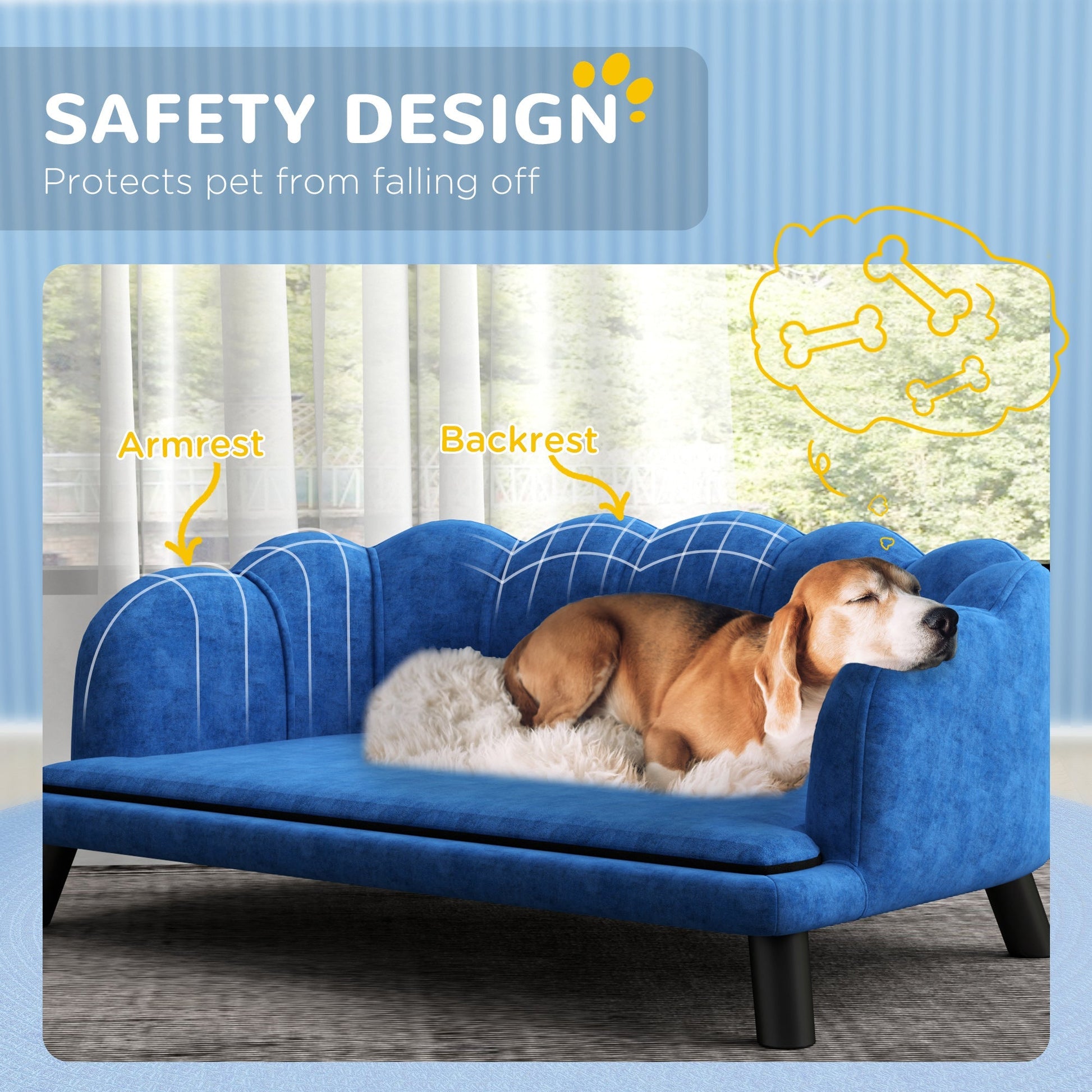 HKM-3783485 Dark Blue Pearl Design Pet Sofa for Medium and Large Dogs with Removable Cushion and Solid Birch Wood Legs