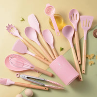 HKM-378387 Creamy White Wooden Handle Nonstick Silicone Kitchen Utensils - 11 Piece Cooking Tool Set