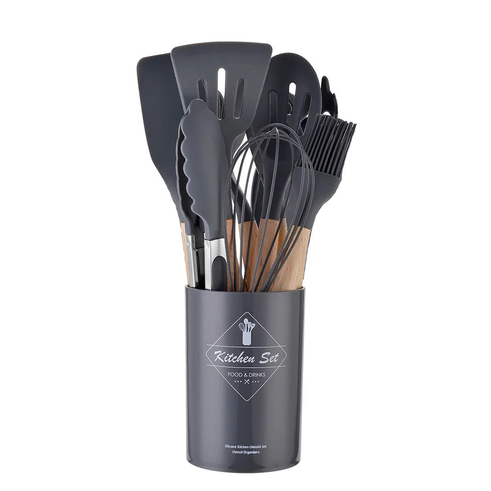 HKM-378387 Creamy White Wooden Handle Nonstick Silicone Kitchen Utensils - 11 Piece Cooking Tool Set
