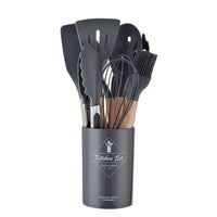 HKM-378387 Creamy White Wooden Handle Nonstick Silicone Kitchen Utensils - 11 Piece Cooking Tool Set