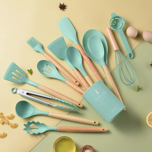 HKM-378387 Creamy White Wooden Handle Nonstick Silicone Kitchen Utensils - 11 Piece Cooking Tool Set