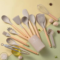 HKM-378387 Creamy White Wooden Handle Nonstick Silicone Kitchen Utensils - 11 Piece Cooking Tool Set