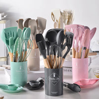 HKM-378387 Creamy White Wooden Handle Nonstick Silicone Kitchen Utensils - 11 Piece Cooking Tool Set