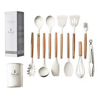 HKM-378387 Creamy White Wooden Handle Nonstick Silicone Kitchen Utensils - 11 Piece Cooking Tool Set
