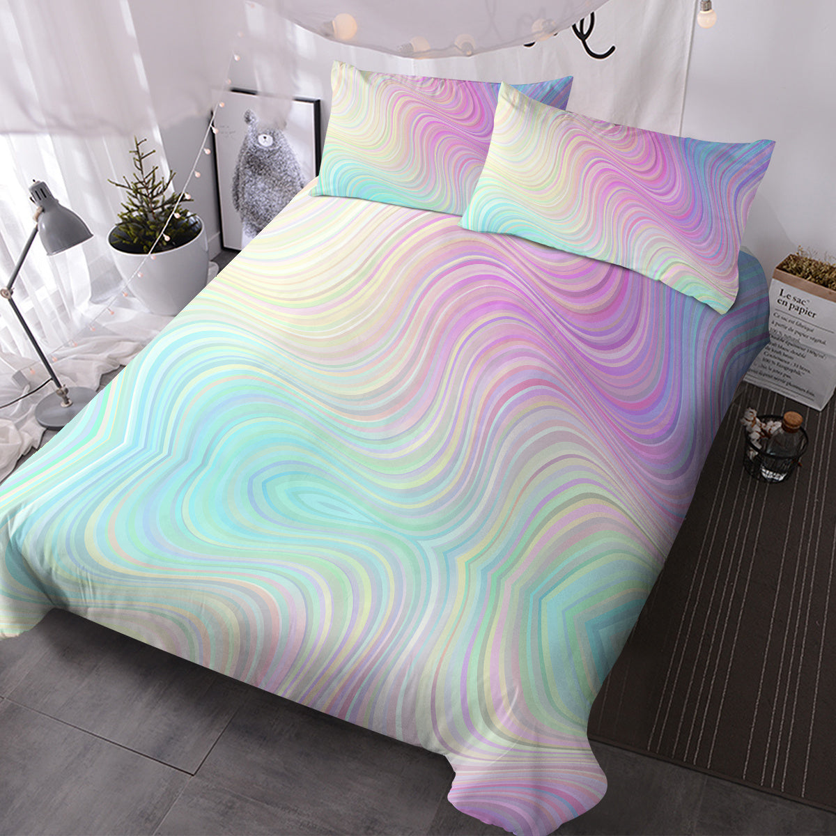 HKM-378515 Chic Rainbow Glitter Ombre Duvet Cover Set with 2 Pillow Shams - Pastel Colors, Microfiber, 3-Piece Bedding Set